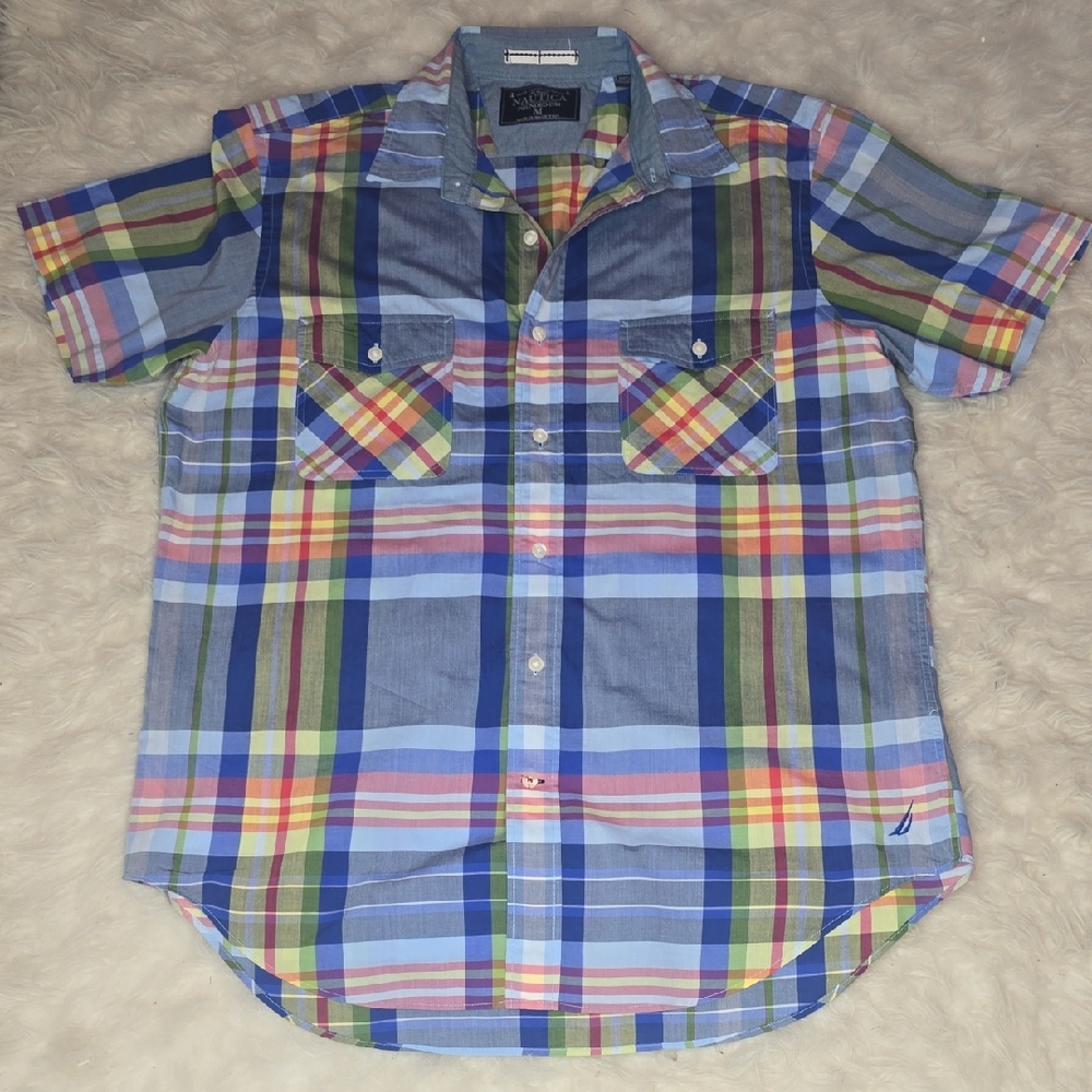 Nautica Men's Blue and Green Plaid Button Down Shirt
